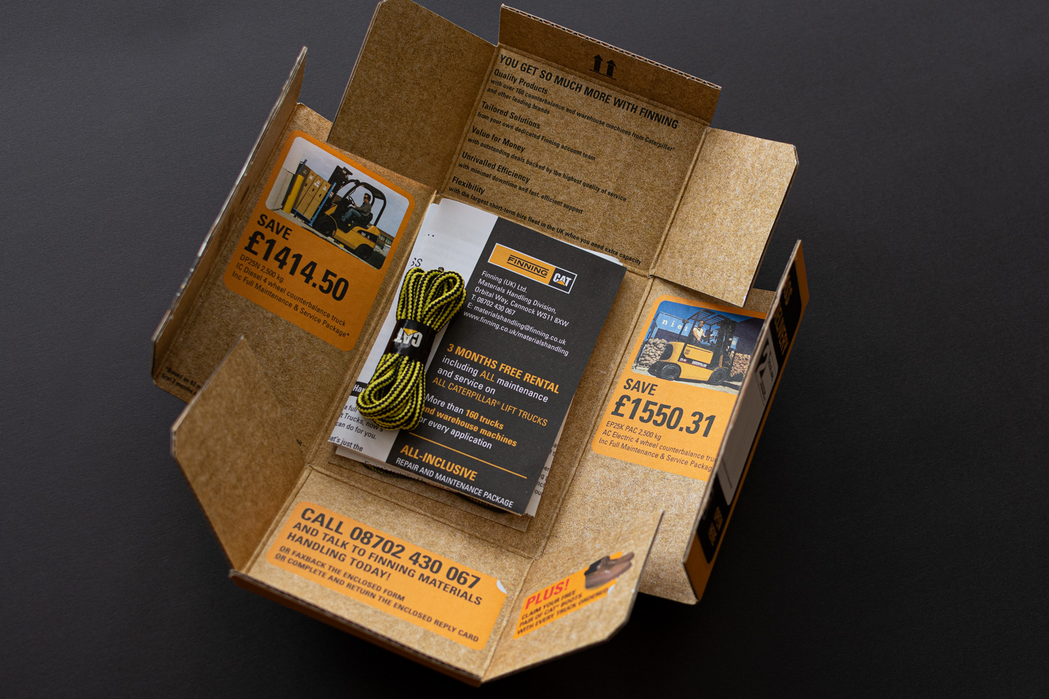 Finning CAT mailer box design with contents
