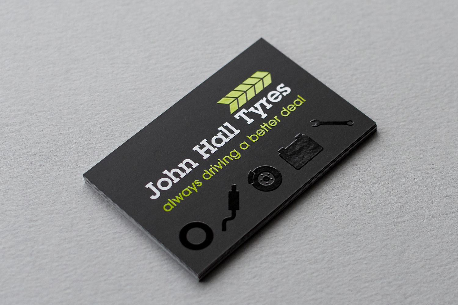 john hall tyres business card with spot uv