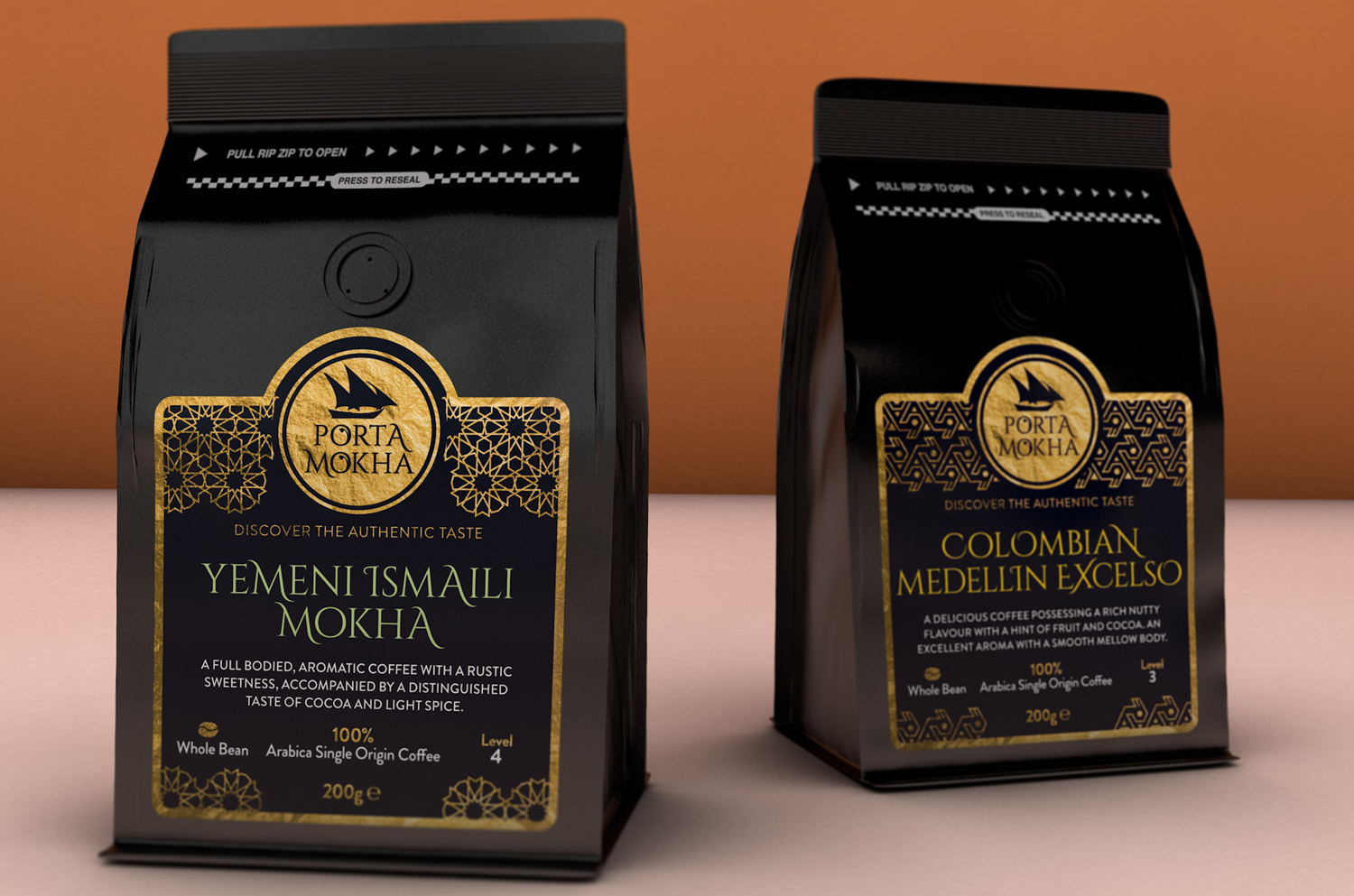 Yemen and Colombian coffee package designs